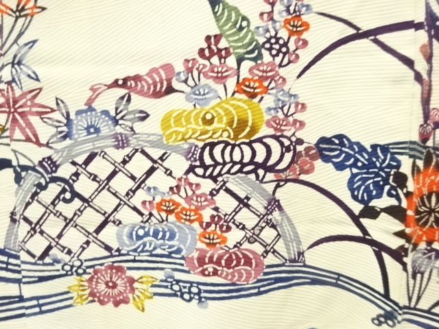 JAPANESE KIMONO / ANTIQUE HAORI / STREAM WITH FENCE & FLOWER
